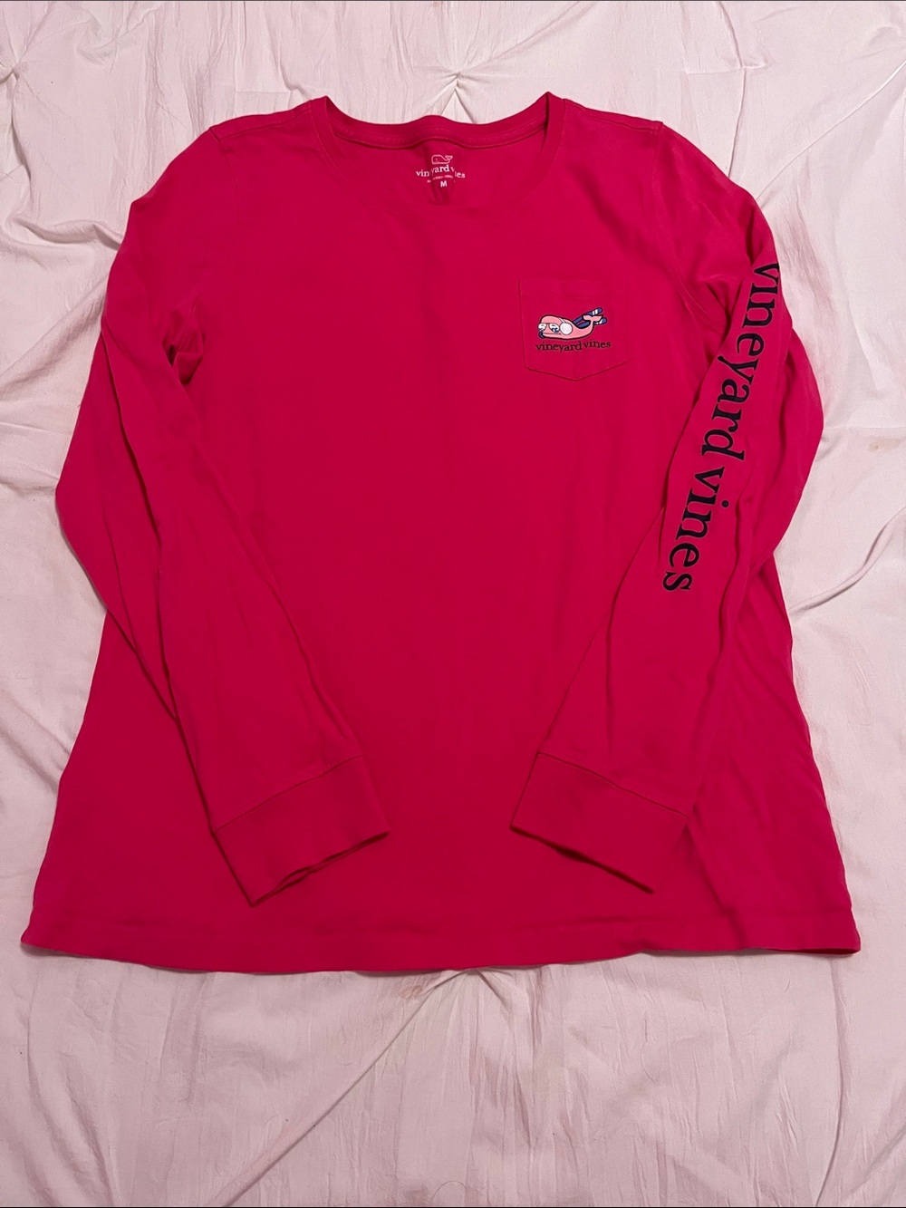 Vineyard Vines Bright Pink Long Sleeve Ski Pocket Tee with Sleeve Script